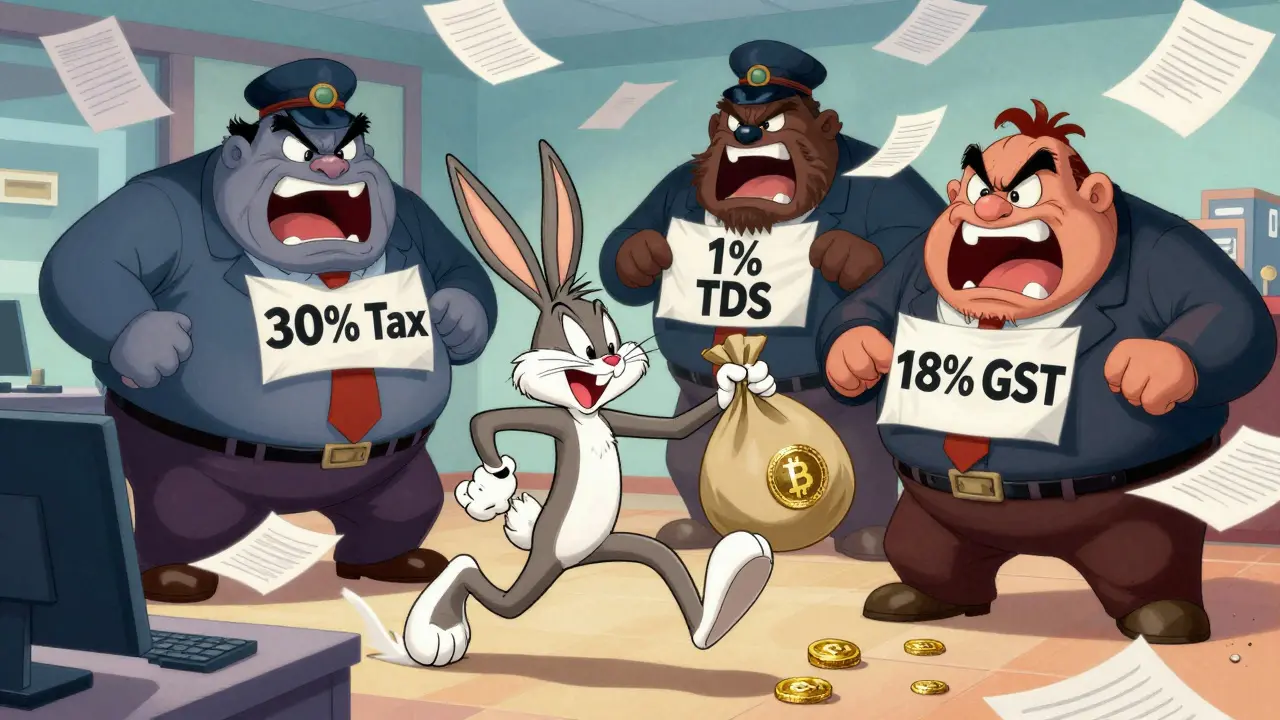 Cartoon character chased by personified tax monsters