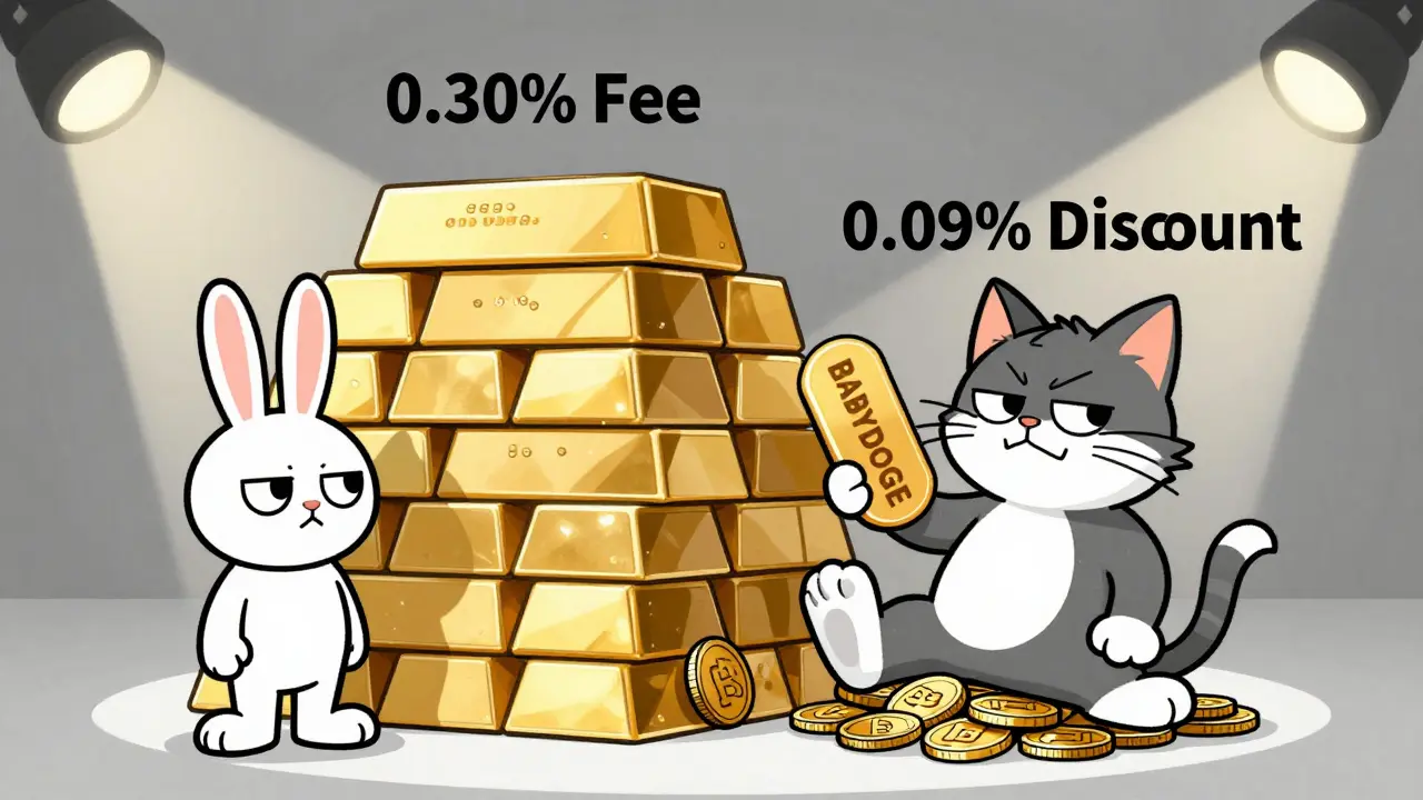 Cartoon characters comparing high fee walls versus discounted token holdings.