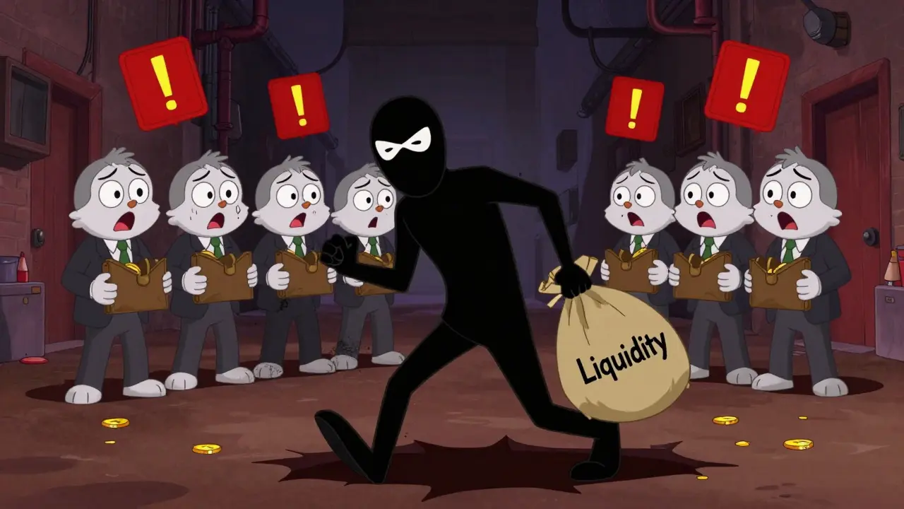 Cartoon depicting anonymous developers stealing funds from unsuspecting crypto investors.