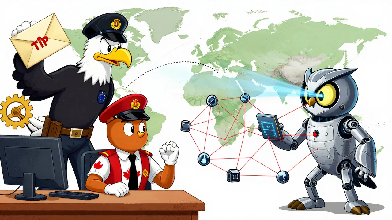 Cartoon eagle and owl collaborate to trace blockchain transactions across a map.