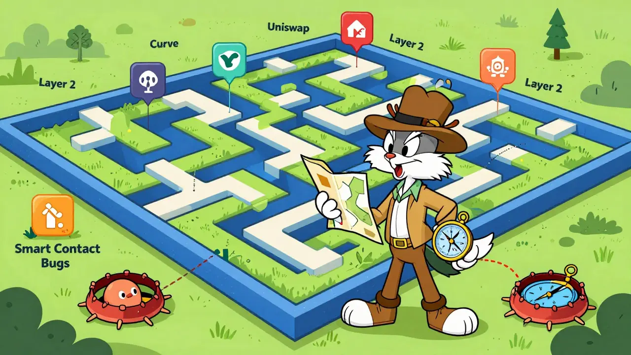 Cartoon explorer navigating a DeFi maze with platform icons and caution signs.