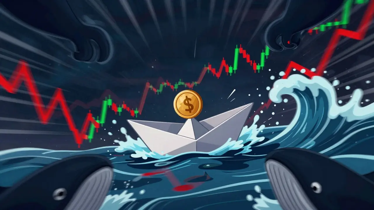 Cartoon illustrating high risk and volatility with a small boat on chaotic market waves.