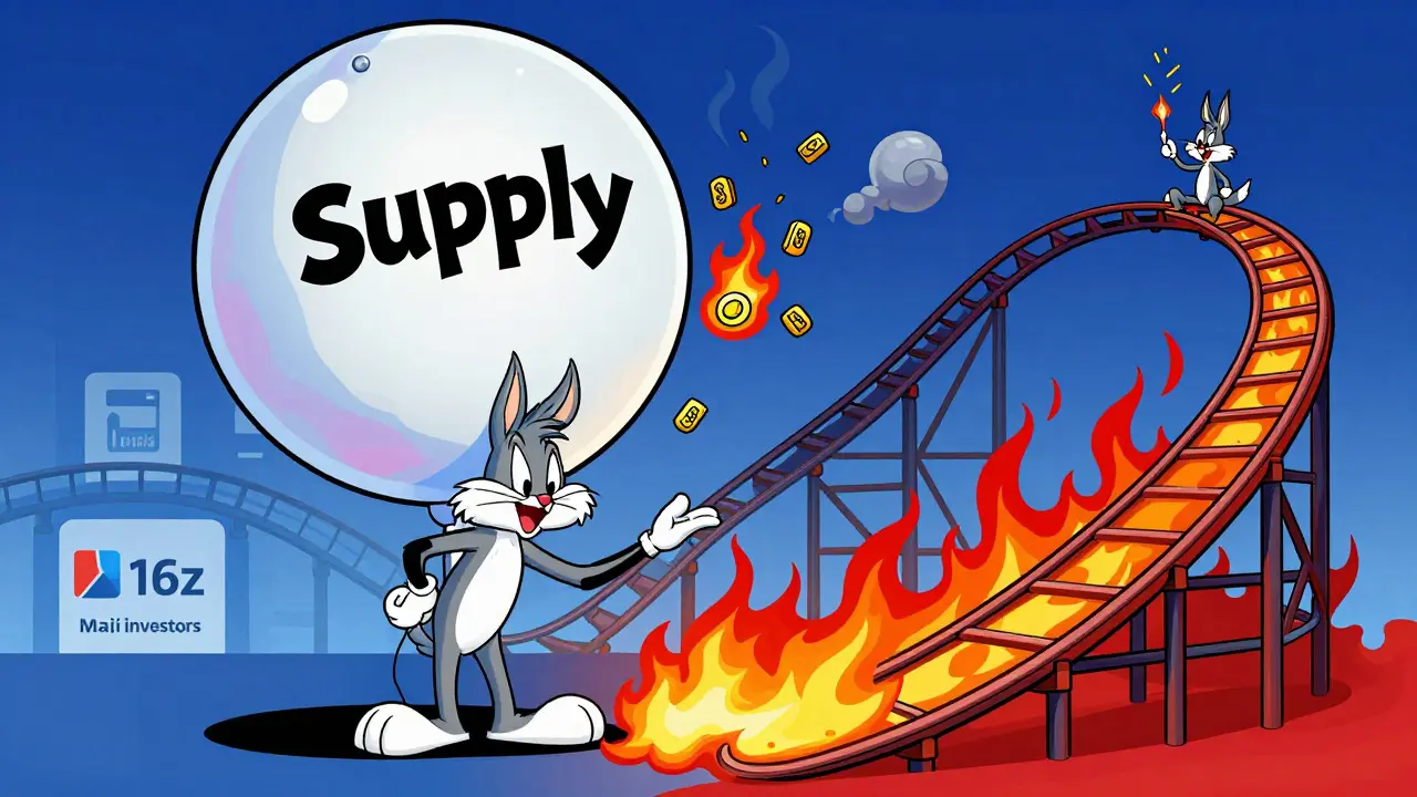 Cartoon mascot near a deflating supply balloon and volatile rollercoaster illustrating token risks.