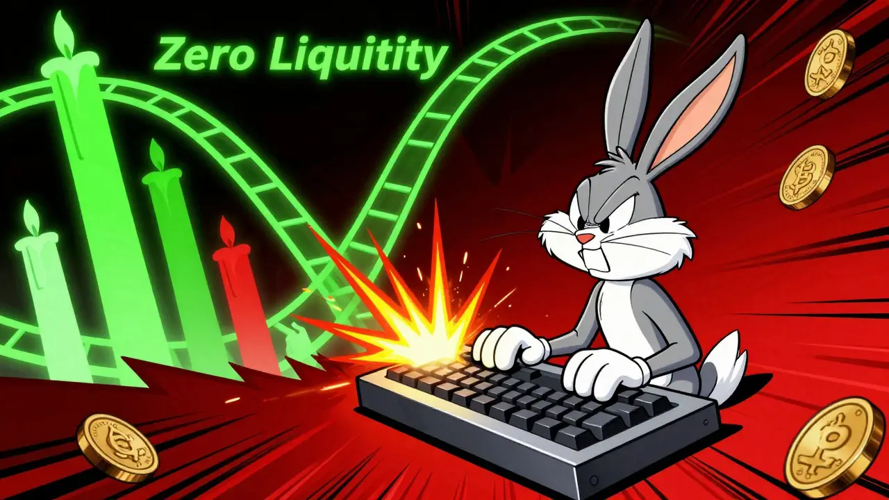 Cartoon rabbit panicking over crashing crypto charts in Looney Tunes style