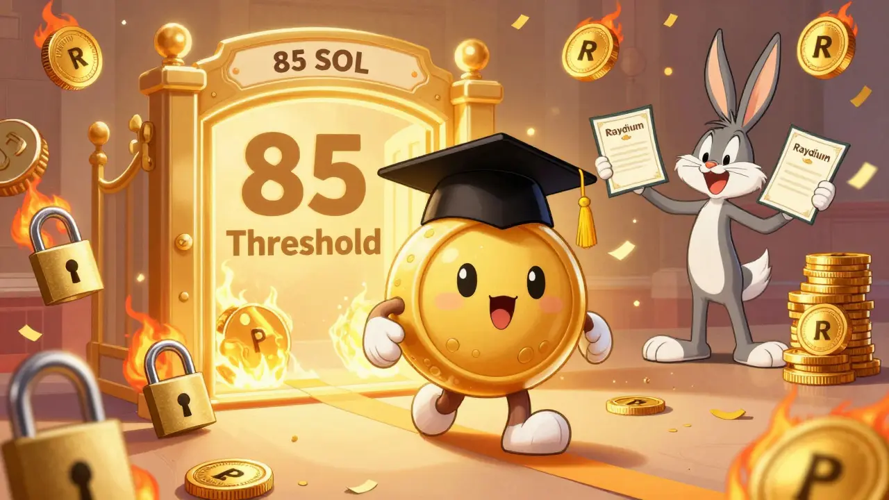 Cartoon token graduating to AMM pool with locked liquidity and burned LPs