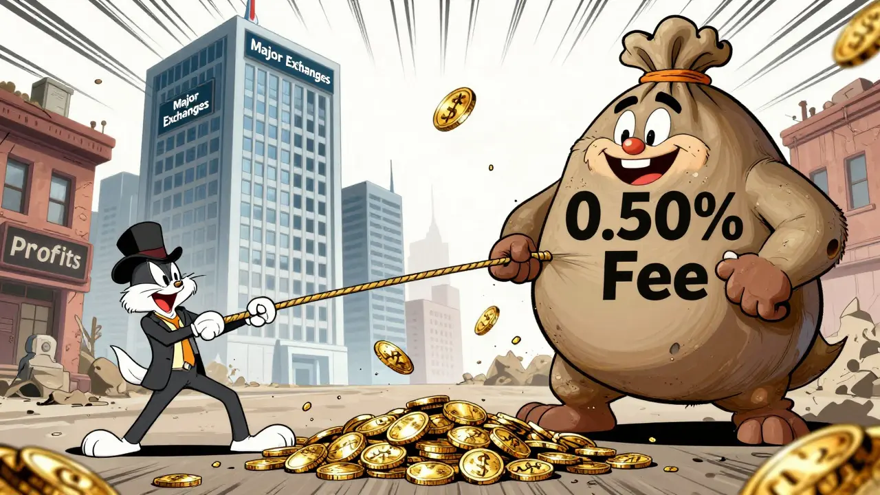 Cartoon tug-of-war between trader and fee monster eating profits