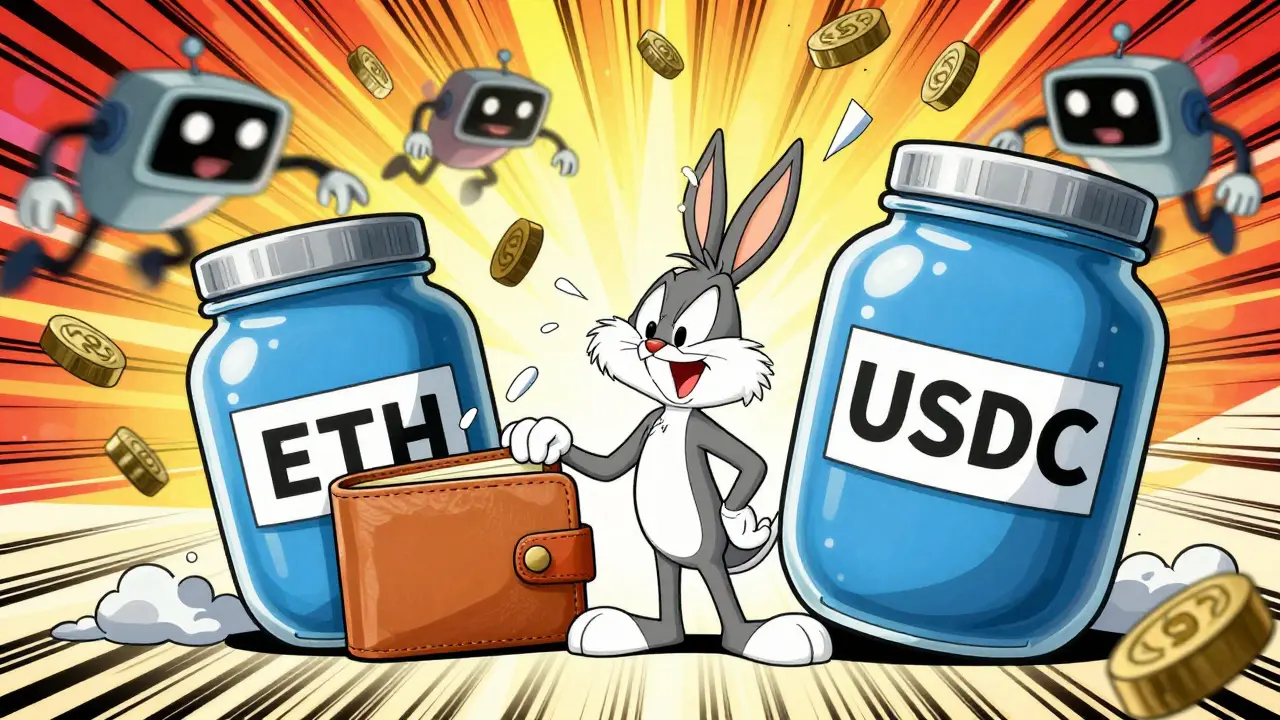 Cartoon wallet sweating as token jars fluctuate wildly, illustrating impermanent loss.