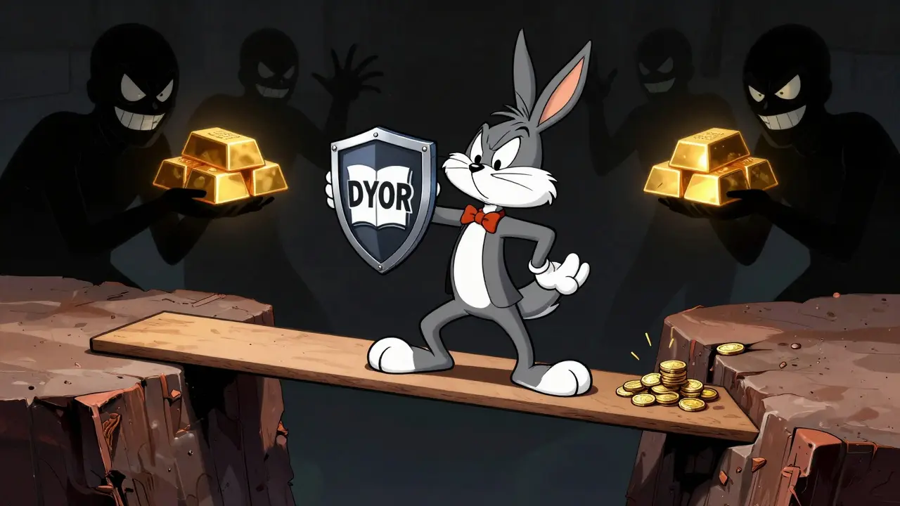 Cautious cartoon investor navigating volatile market risks while avoiding shady scammers.