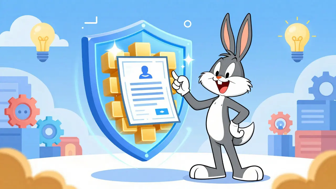 Cheerful creator protected by a golden blockchain shield over assets