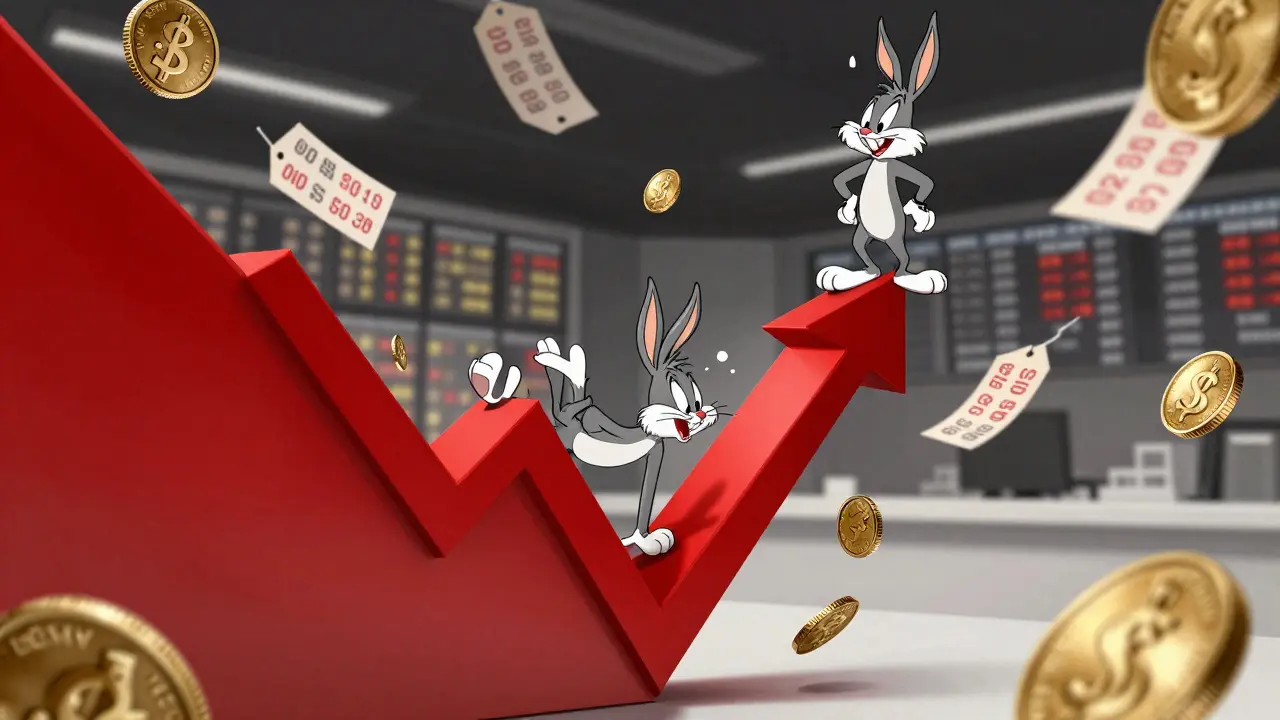 Coins sliding down a steep graph line showing market volatility.