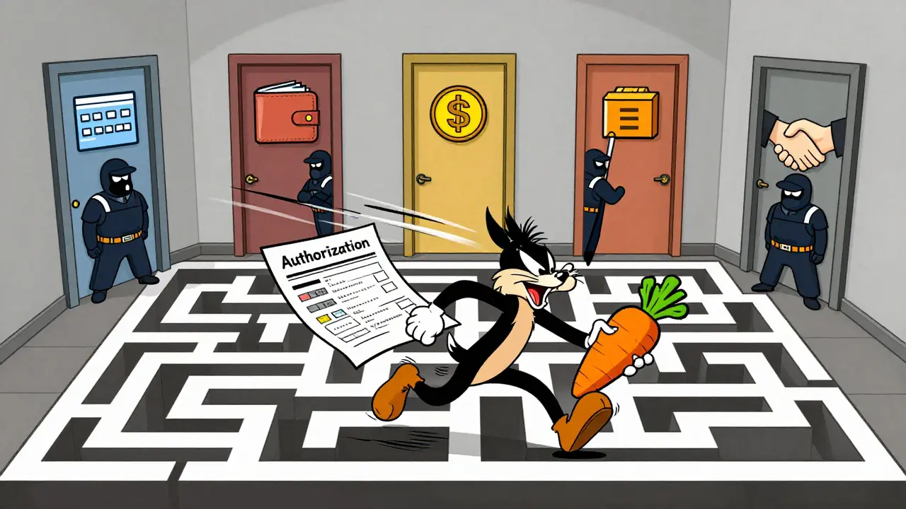 Coyote running through regulatory maze with five authorization doors