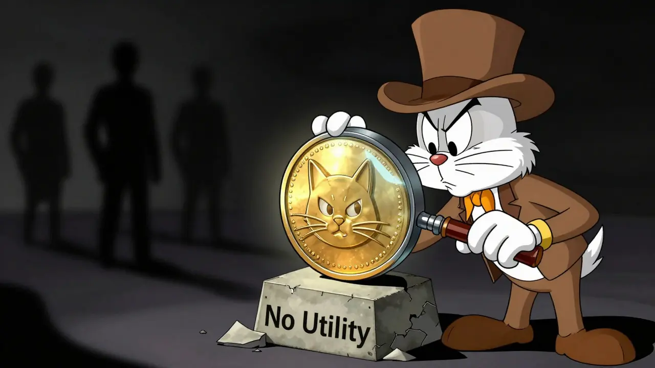 Detective examining a worthless meme coin on a crumbling pedestal