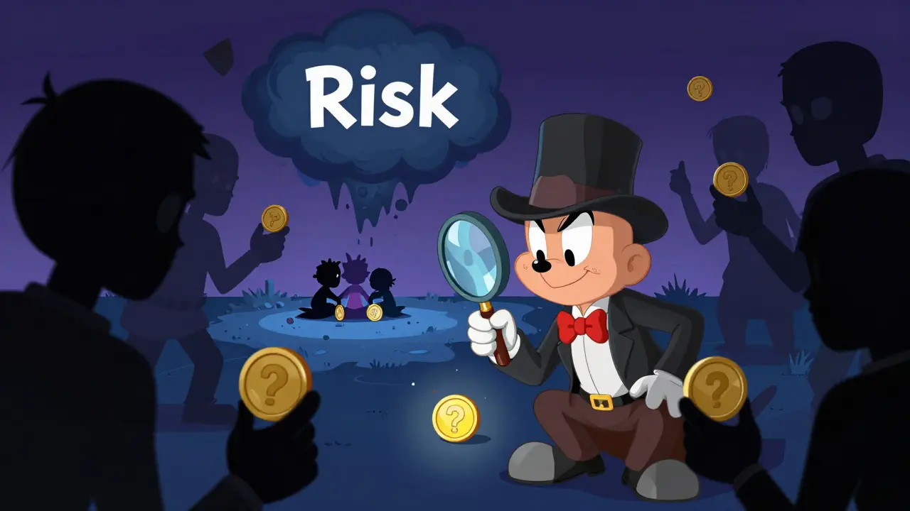 Detective inspecting a coin with shadowy scam figures nearby.