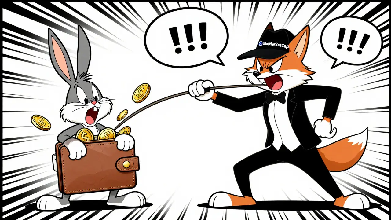 Fox scammer draining wallet from shocked user in vintage cartoon style