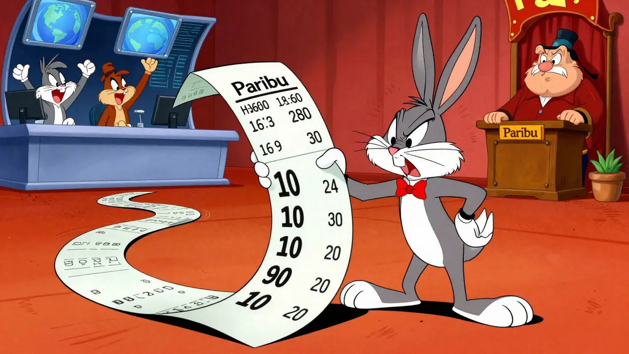 Frustrated cartoon trader paying high fees on a long receipt
