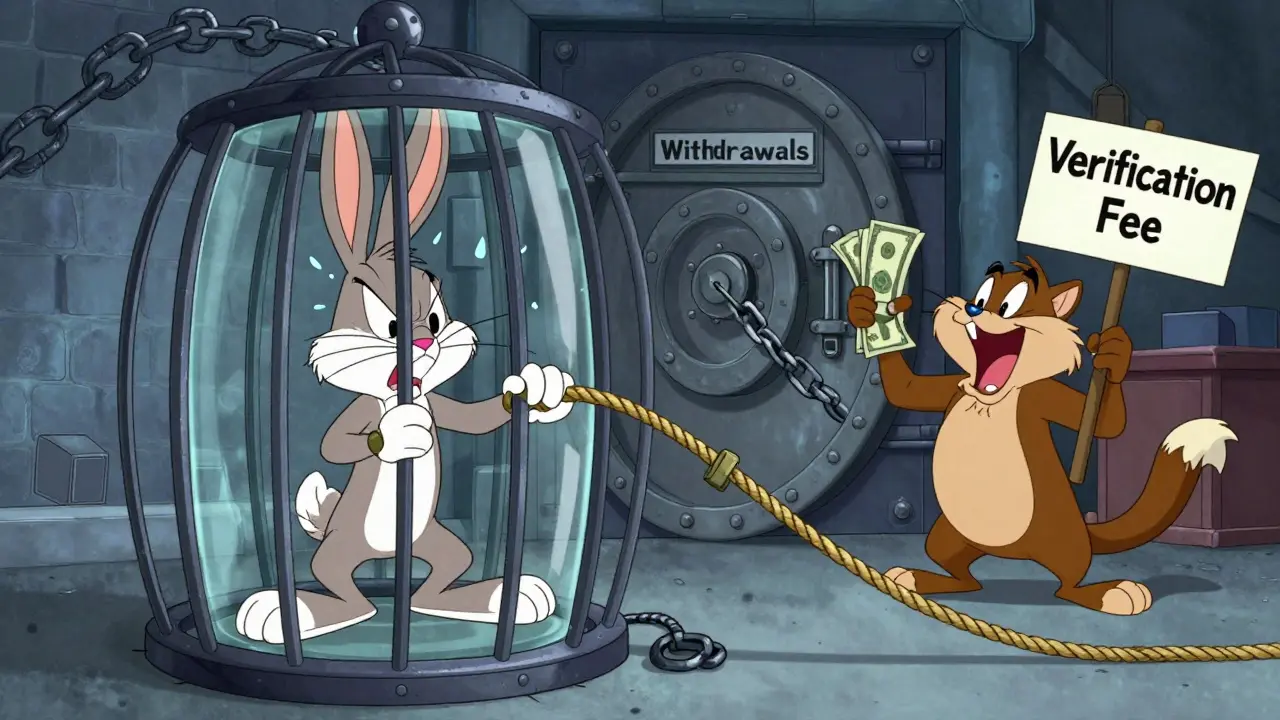Frustrated rabbit trapped in a cage unable to withdraw funds