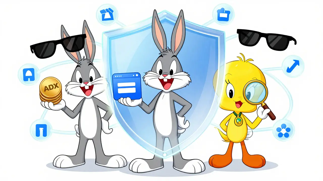 Happy cartoon characters sharing ADX tokens via secure blockchain