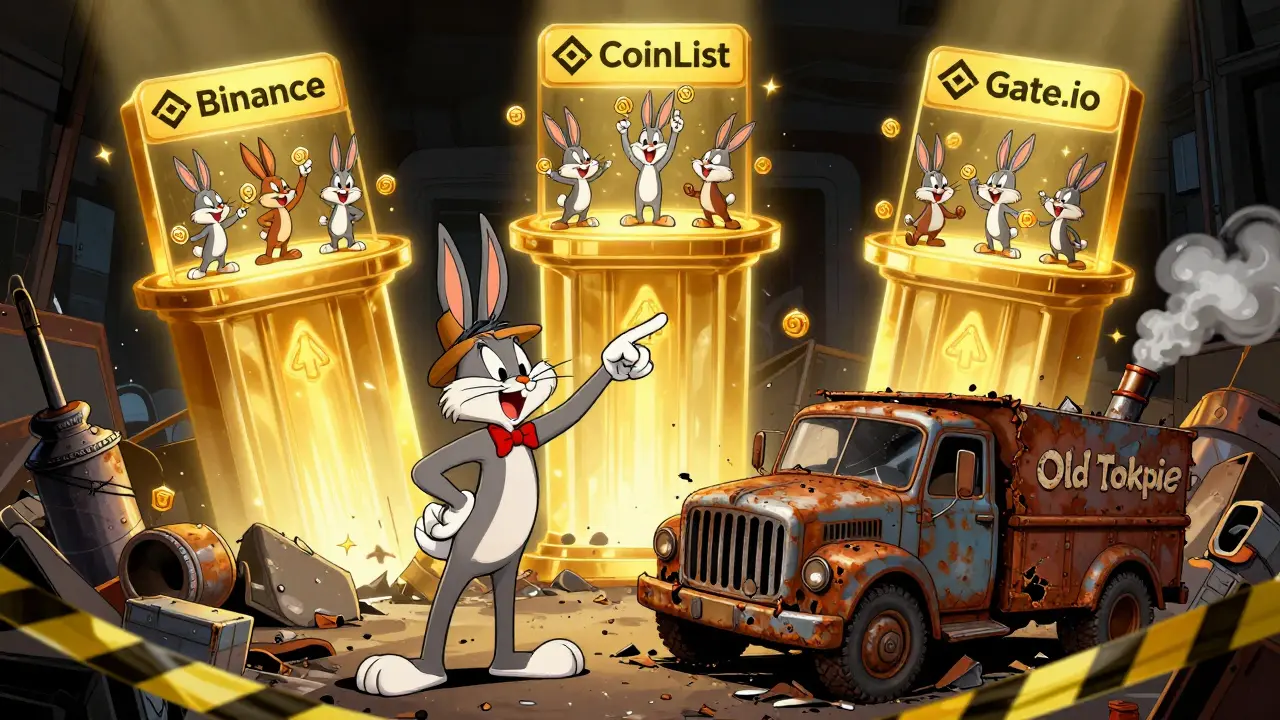 Happy traders on secure launchpads next to broken down old exchange truck