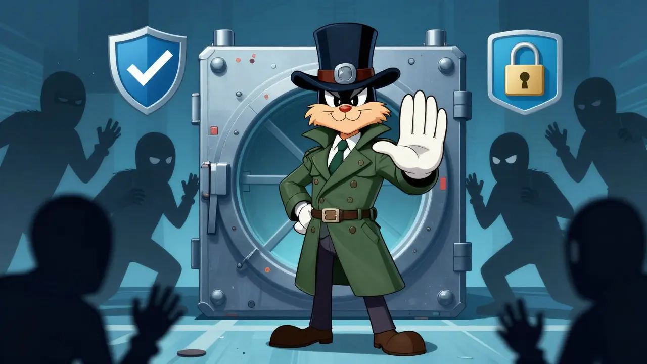 Heroic figure protecting a secure hardware wallet from shadowy scammers