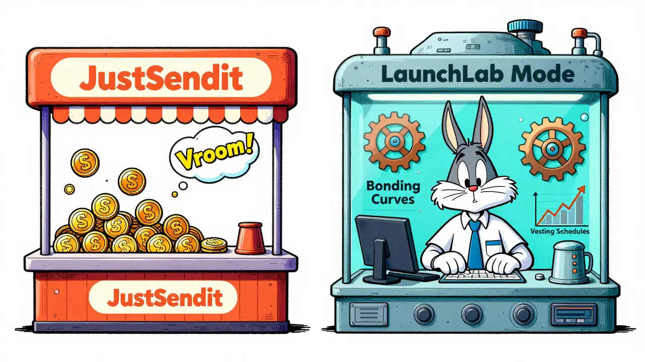 Illustration comparing simple JustSendit mode vs advanced LaunchLab controls