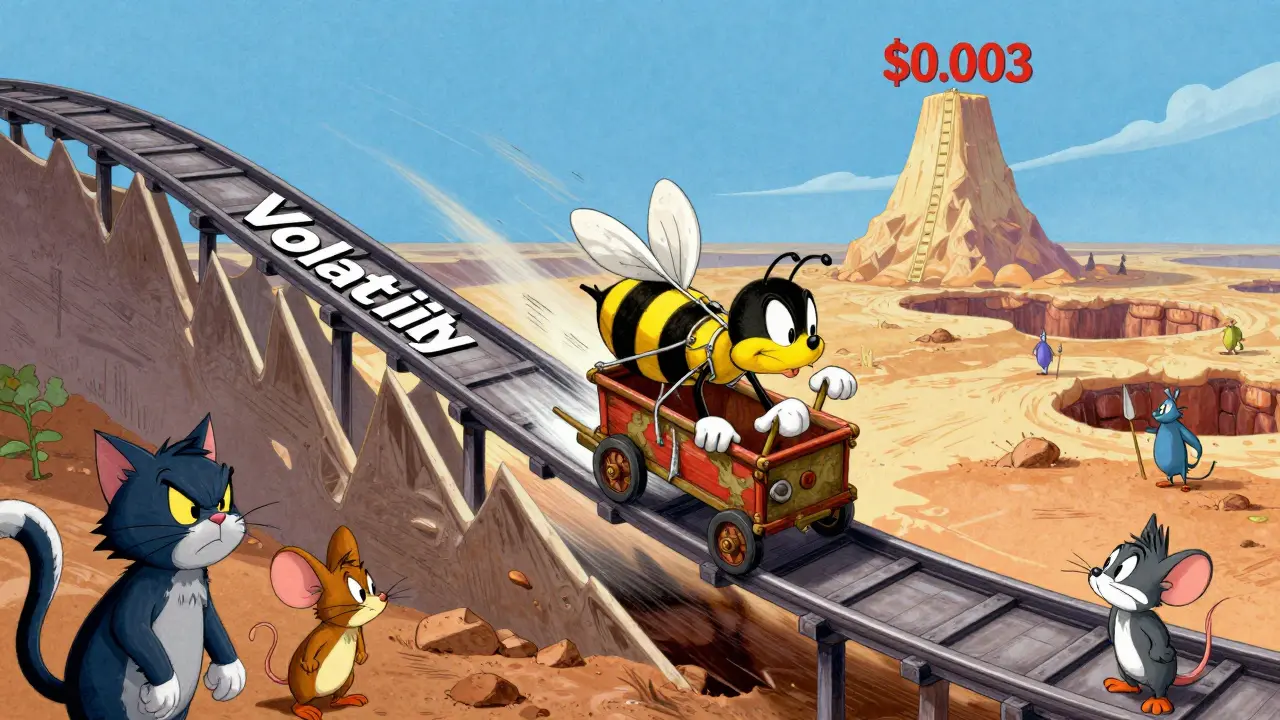 Looney Tunes bee riding a volatile stock market rollercoaster