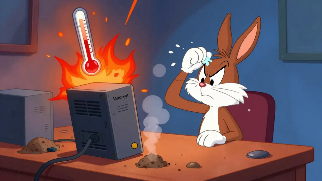 Looney Tunes style drawing of an overheating crypto device and tired user