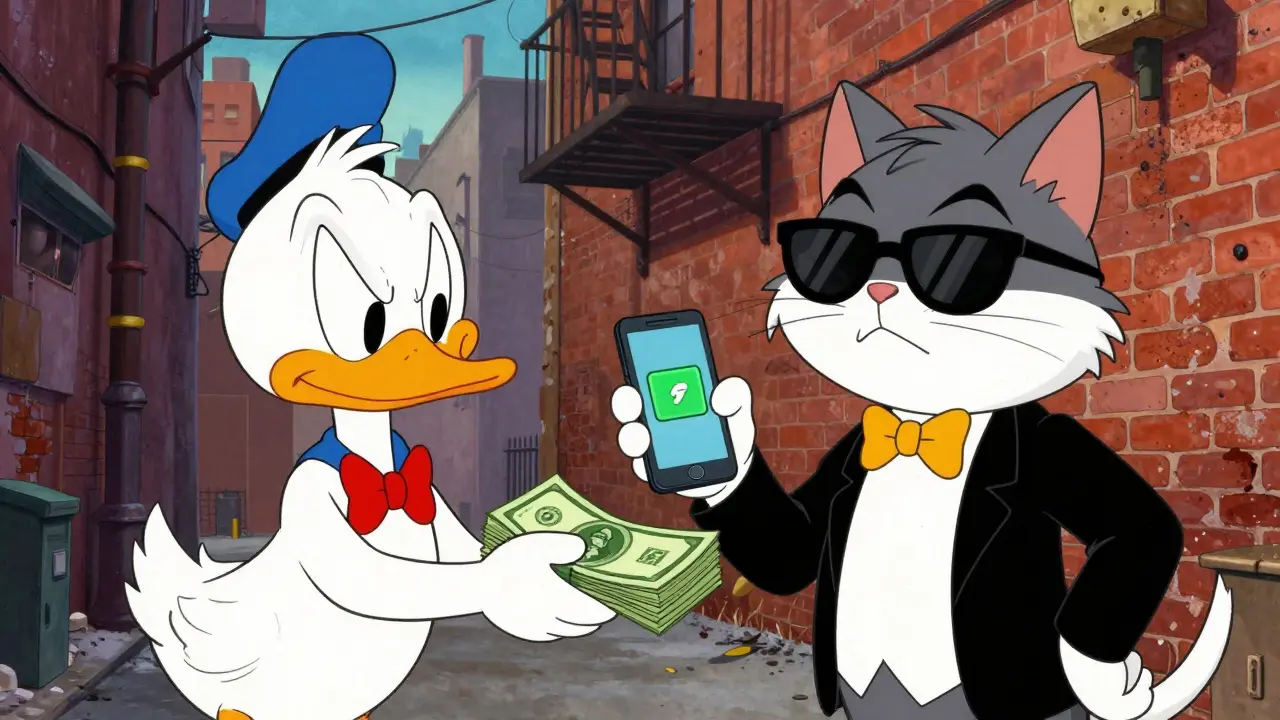 Looney Tunes style duck buying crypto from a shady cat dealer