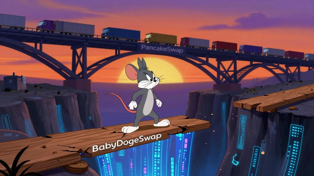 Mouse walking on a cracking bridge over a digital abyss near a sturdy highway.