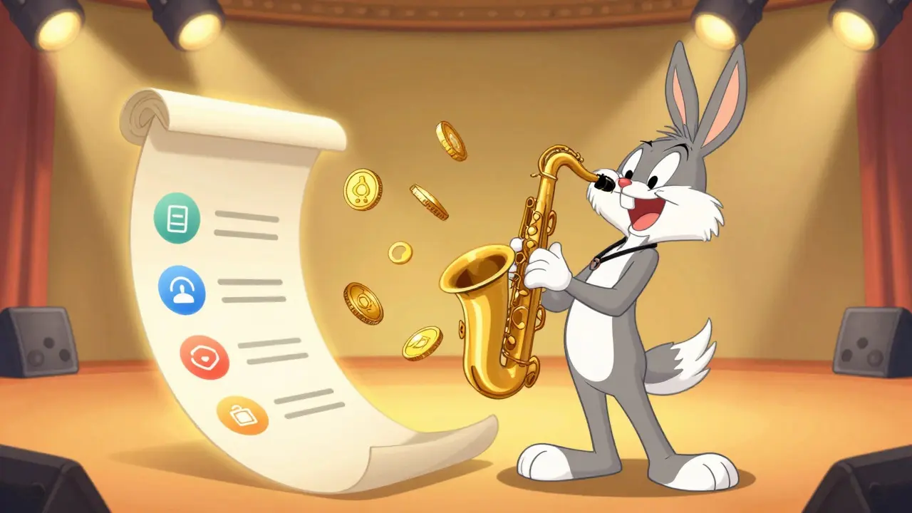 Musician receiving automatic coin payments via a glowing smart contract