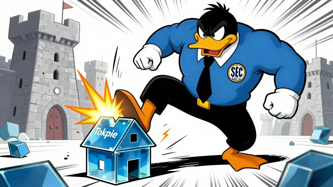 Regulator stompng on fragile house of cards representing unlicensed platform