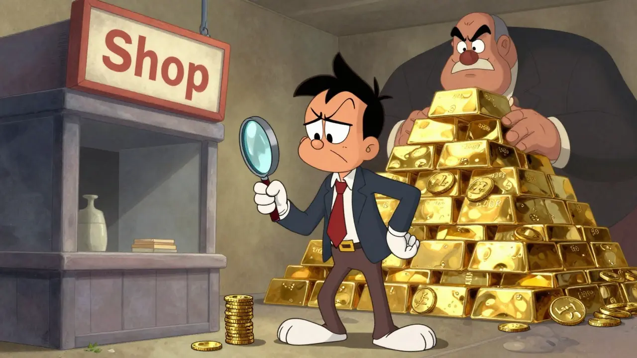 Skeptical businessman comparing small shop to giant rival in cartoon style