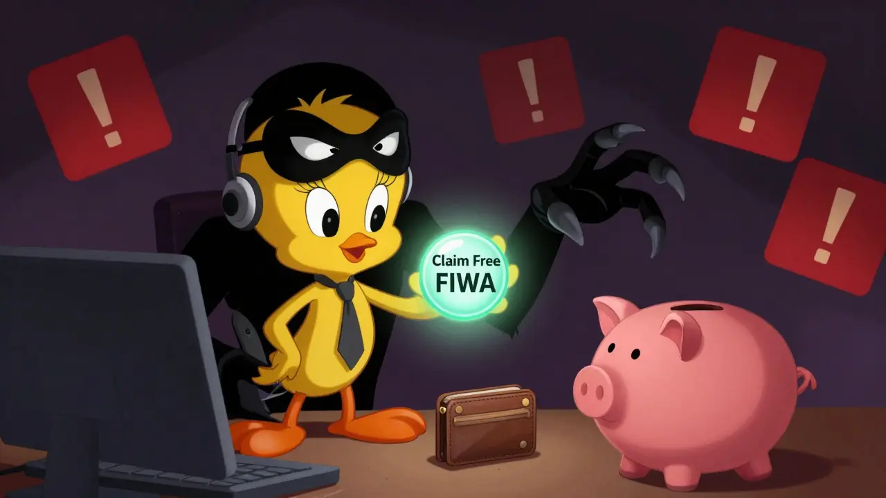 Sneaky bird tricking users into clicking fake claim buttons in a scam warning scene.