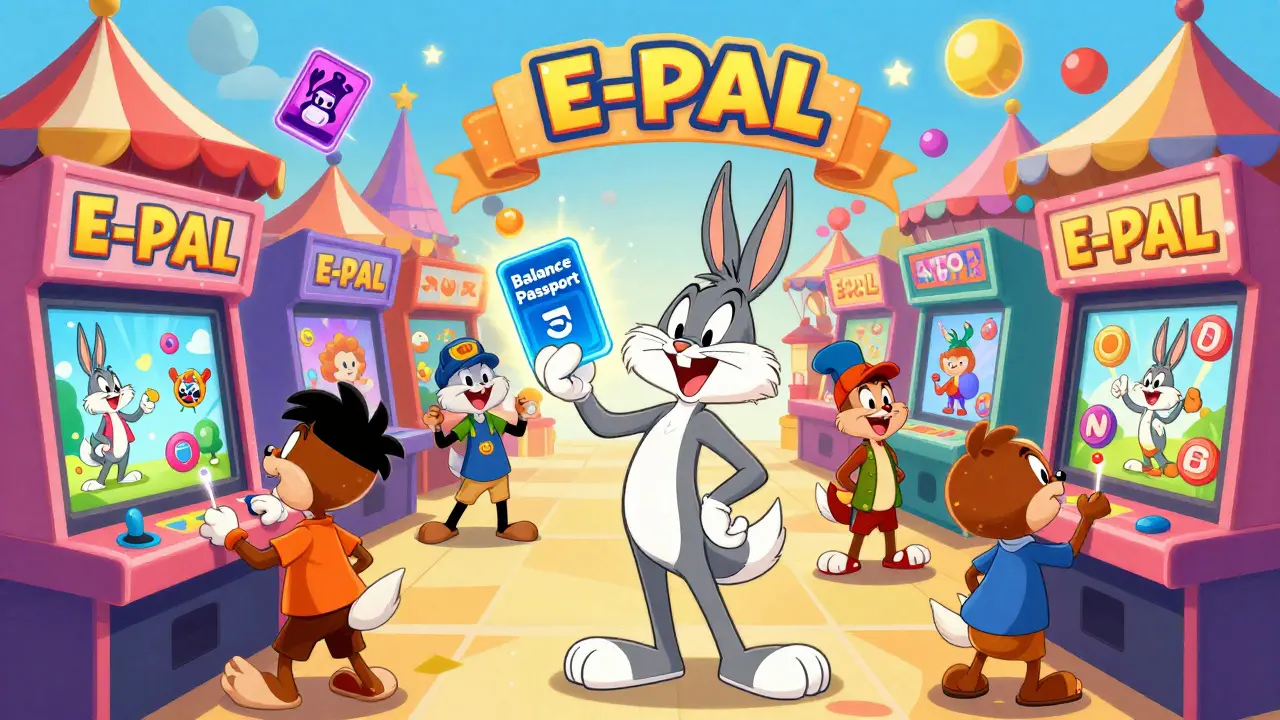 Vibrant cartoon arcade showing gamers using a single passport to play multiple blockchain games.