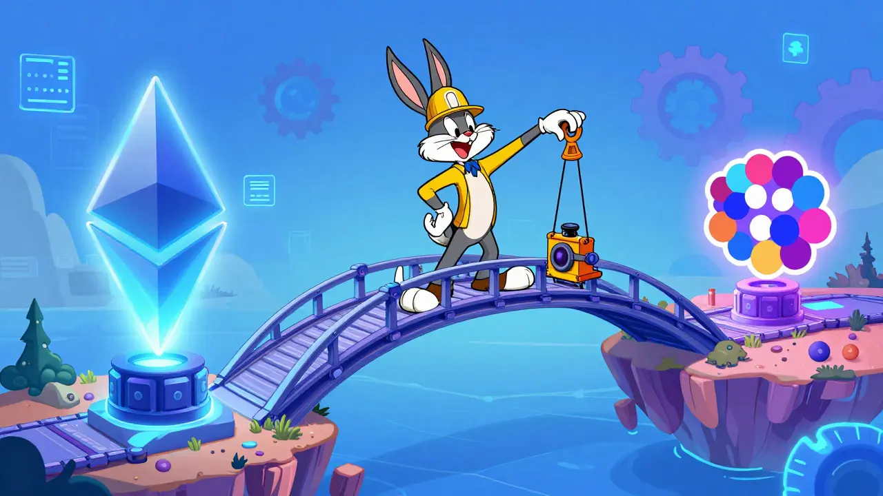 Whimsical cartoon bridge connecting Ethereum and Polkadot ecosystems for cross-chain transfer.