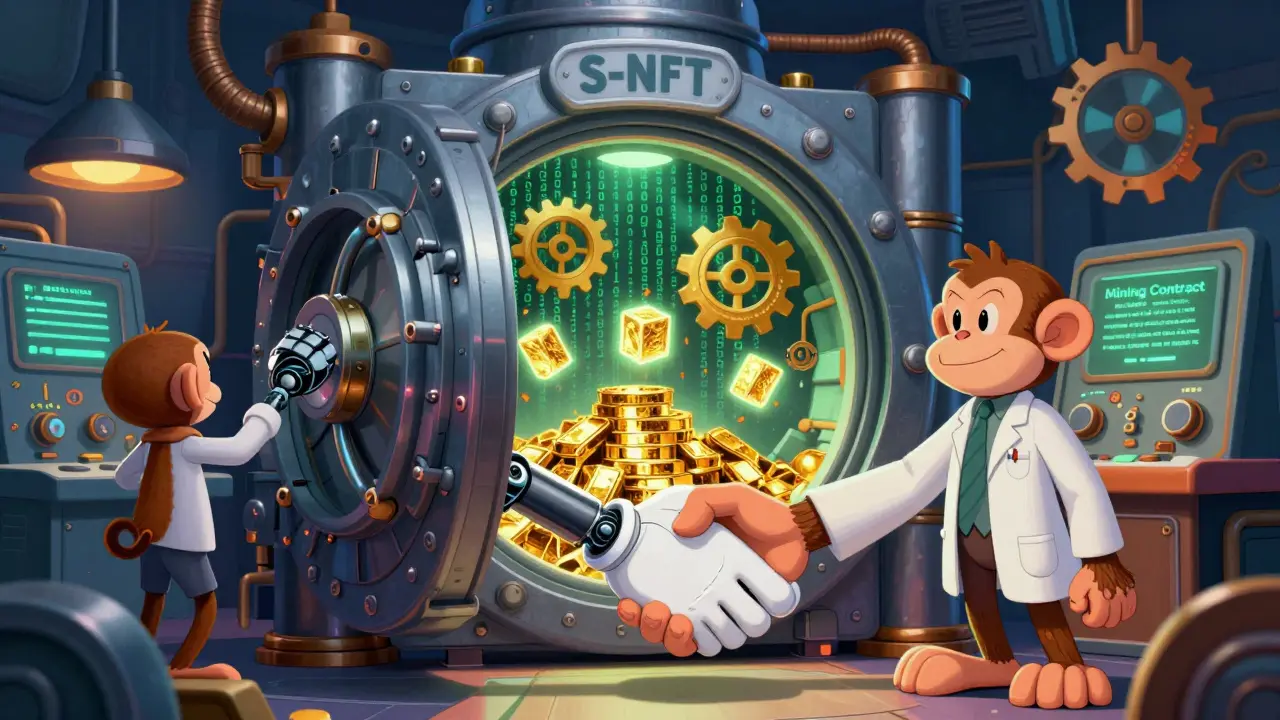 Whimsical machine combining mining power and IP rights into an NFT.