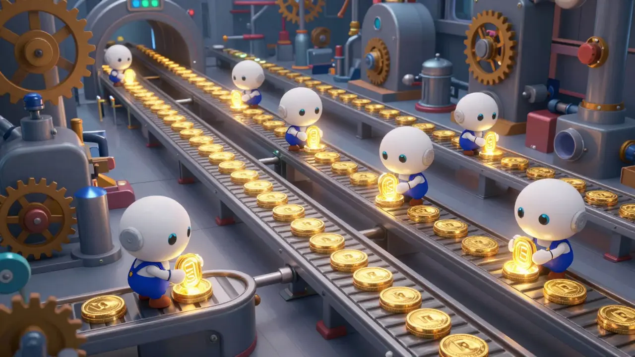 Whimsical robots sorting tokens on conveyor belts showing blockchain speed