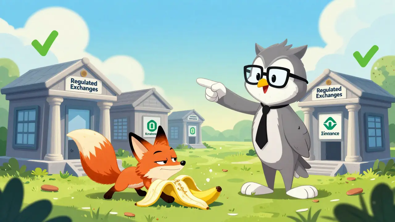 Wise owl pointing to safe regulated exchanges while fox slips