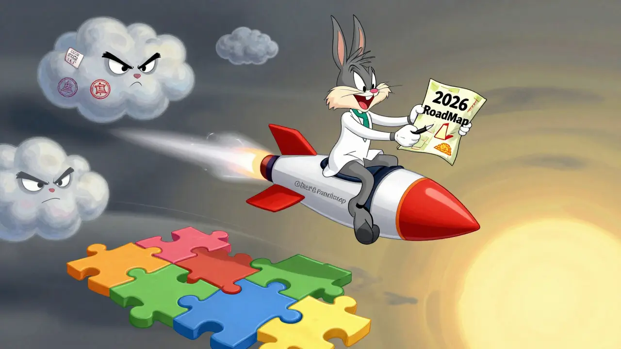 A hero scientist riding a test-tube rocket past regulatory clouds towards a sunrise roadmap