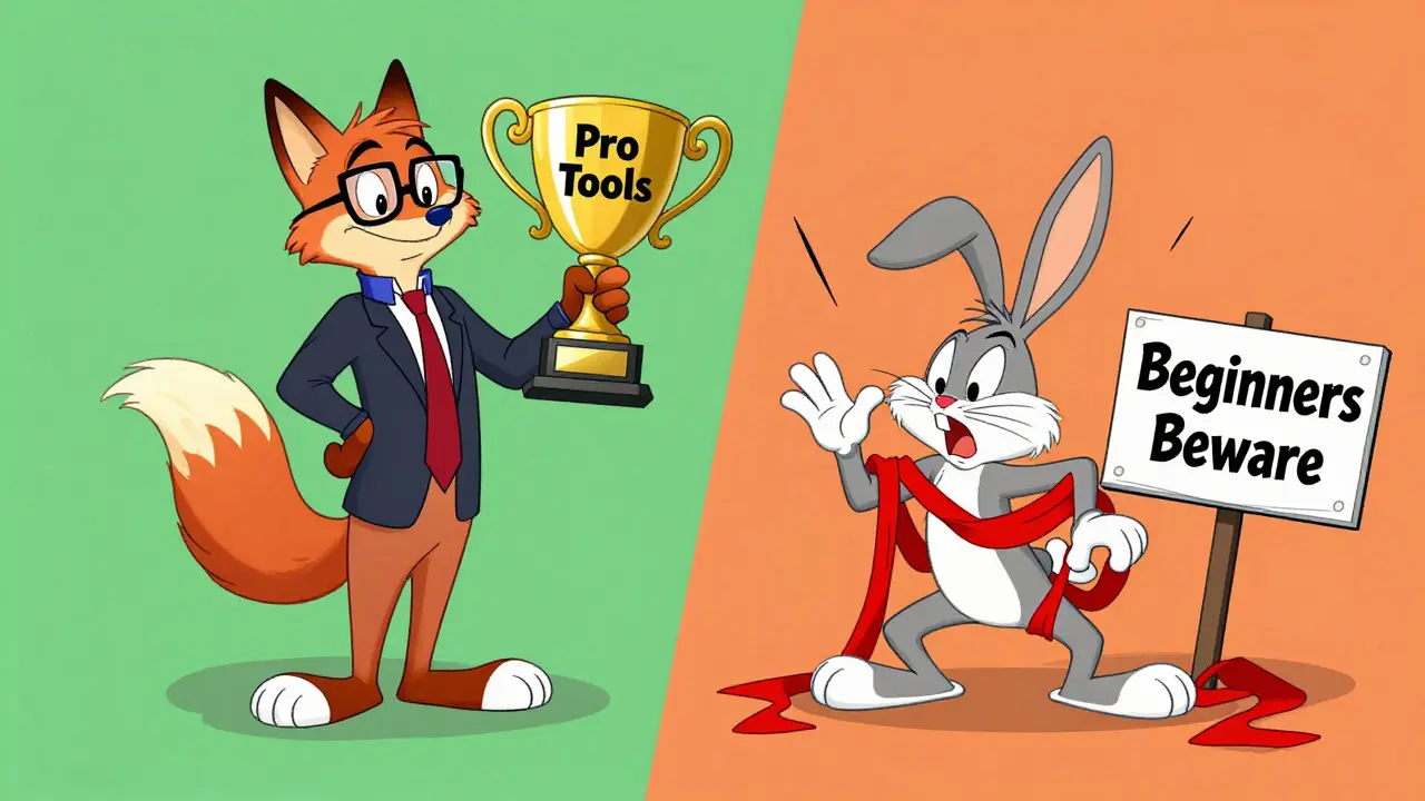 A smart fox succeeds while a confused rabbit struggles, illustrating the steep learning curve for beginners.