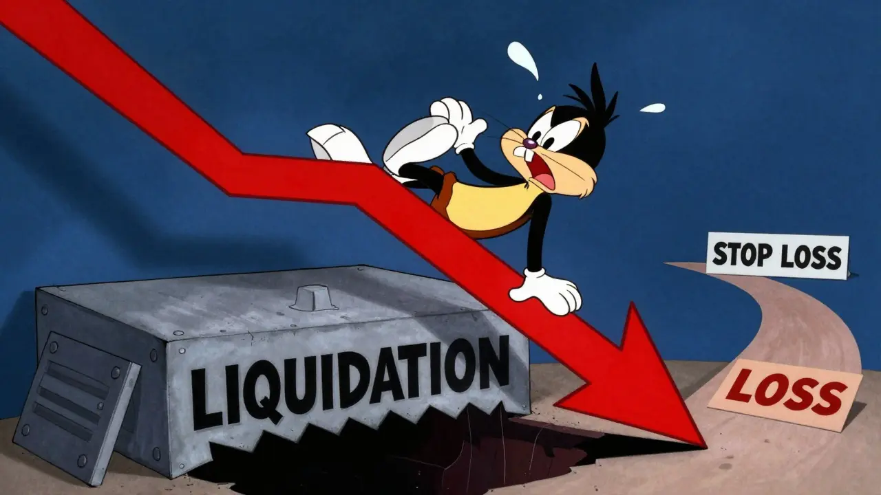 Animated character panicking while sliding down a red market crash arrow towards liquidation
