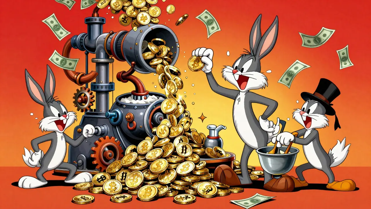 Animated villains laundering crypto through a chaotic machine