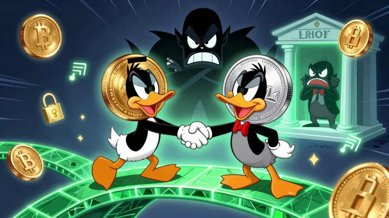 Anthropomorphic coins shaking hands over blockchain bridge