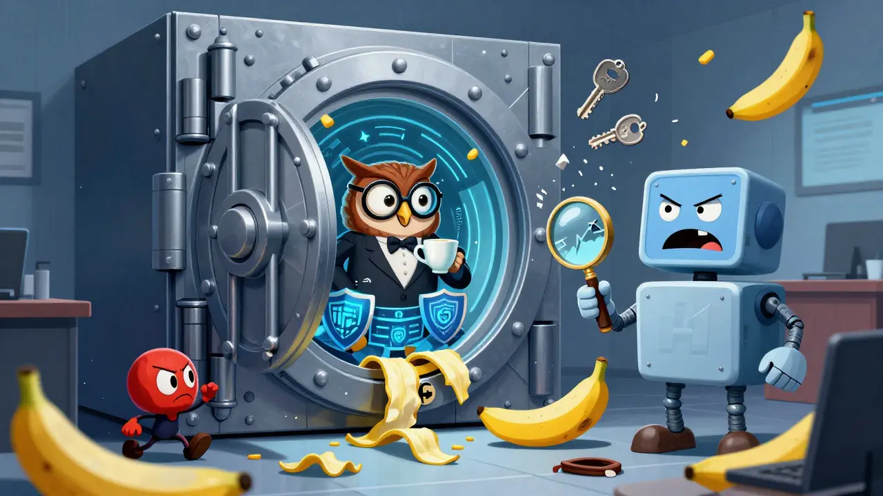 Armored vault protecting assets from comical hackers and robots