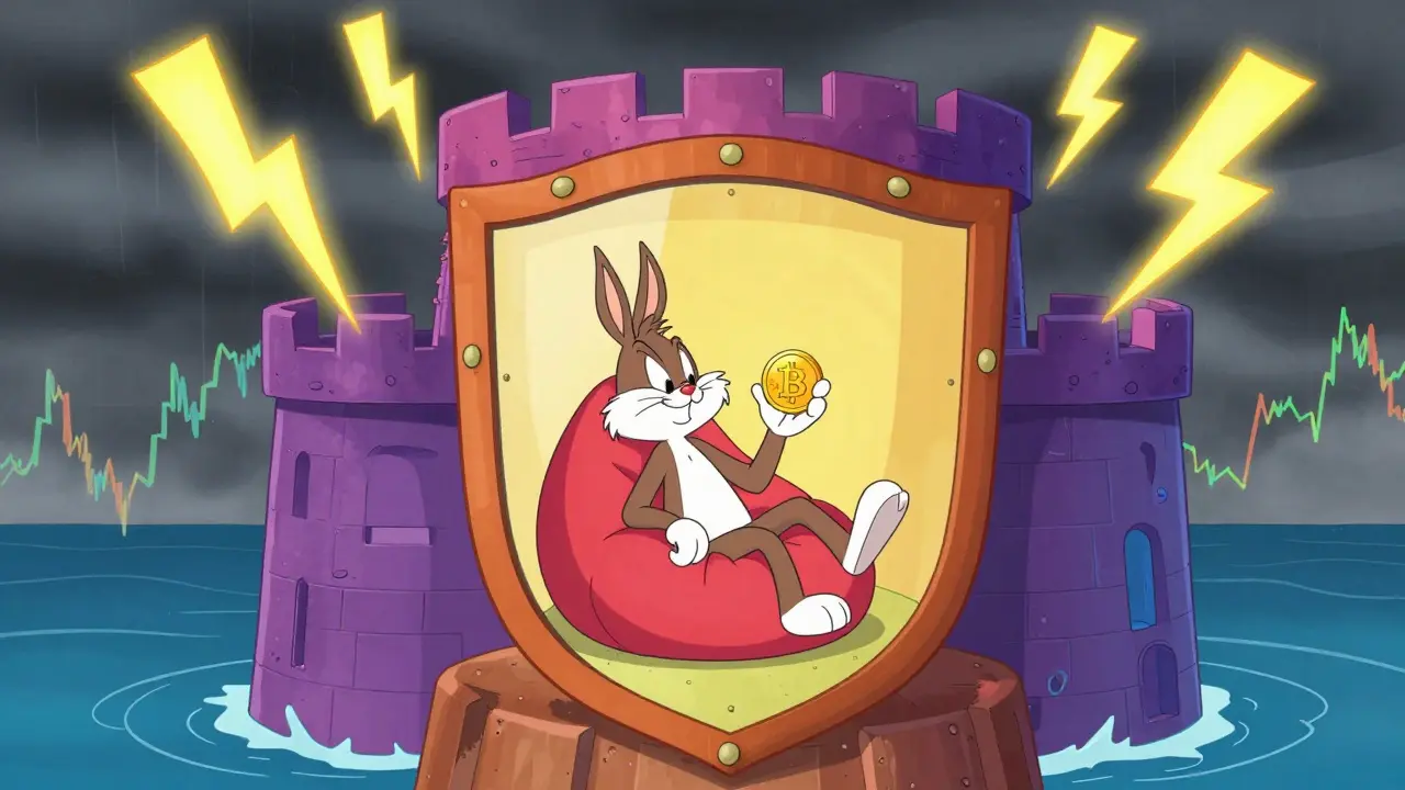 Calm investor in fortress ignoring market volatility