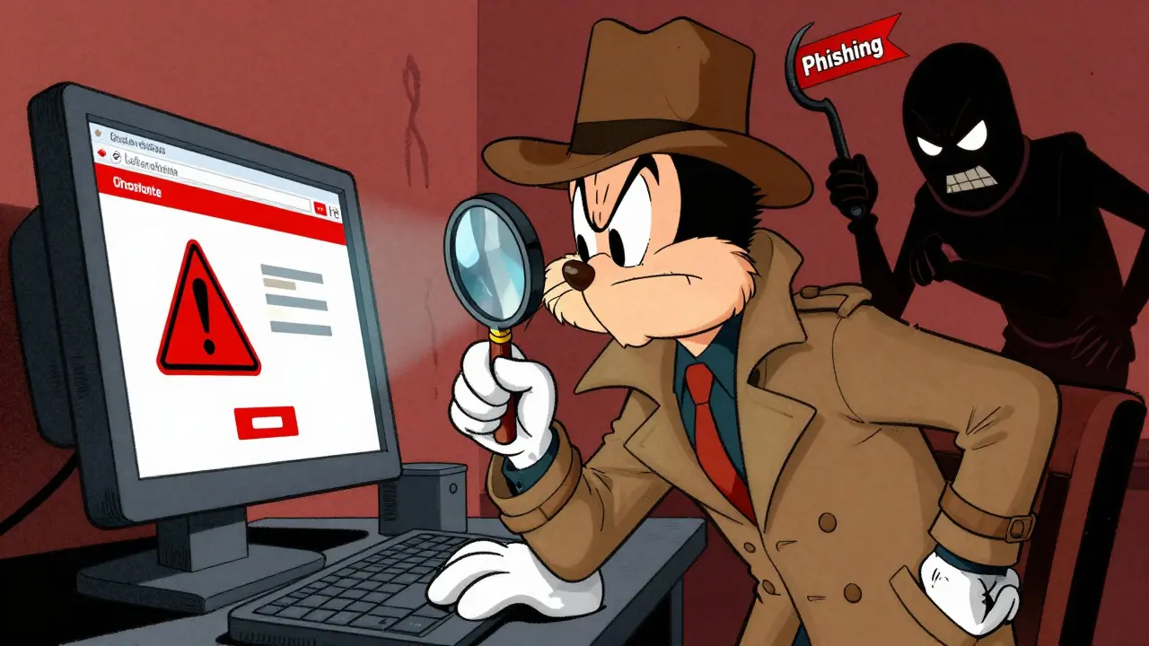 Cartoon detective spotting a phishing scam on a computer screen