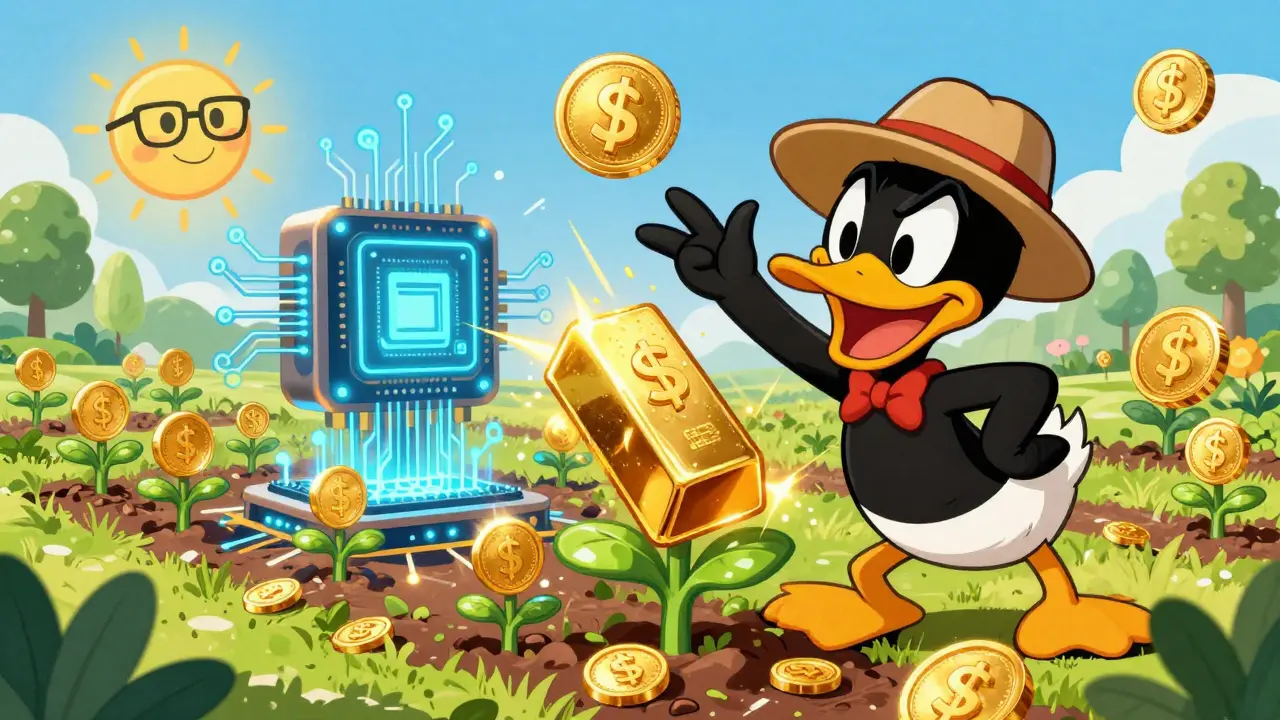 Cartoon duck harvesting crypto rewards from a digital DeFi garden