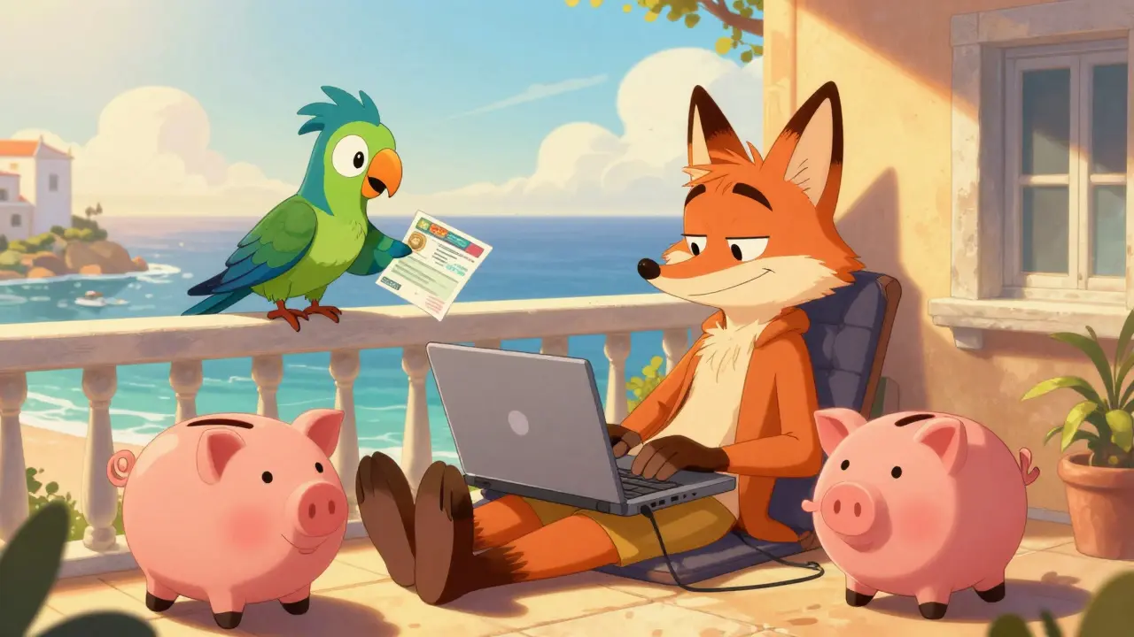 Cartoon fox working remotely in sunny Portugal with visa and piggy bank