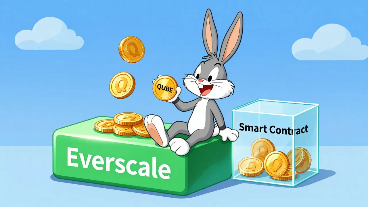 Cartoon rabbit holding QUBE token safely on Everscale blockchain block