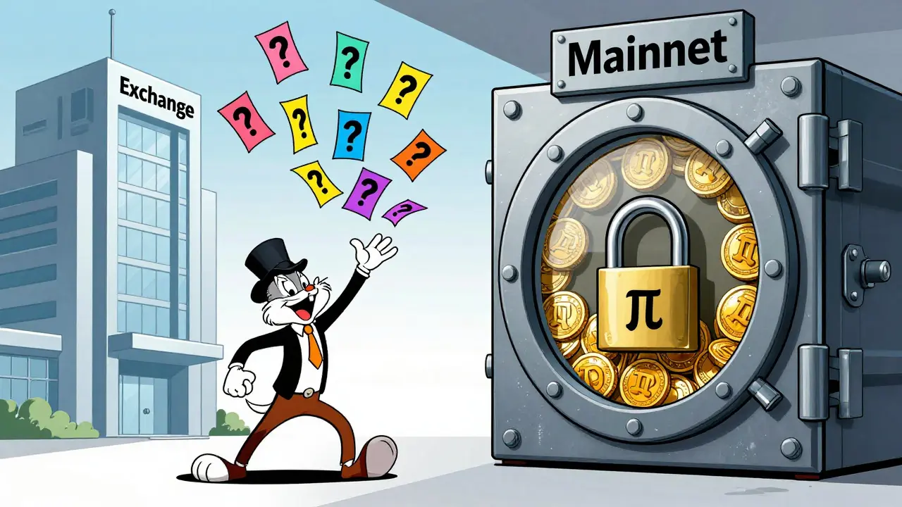 Cartoon showing exchange issuing IOU papers vs locked vault holding real Pi coins