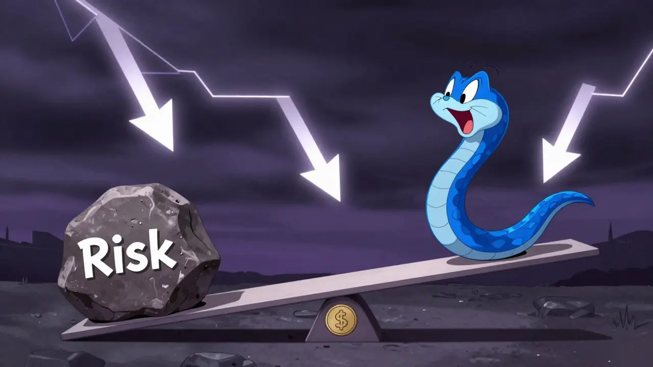 Cartoon snake on unstable seesaw illustrating crypto investment risks